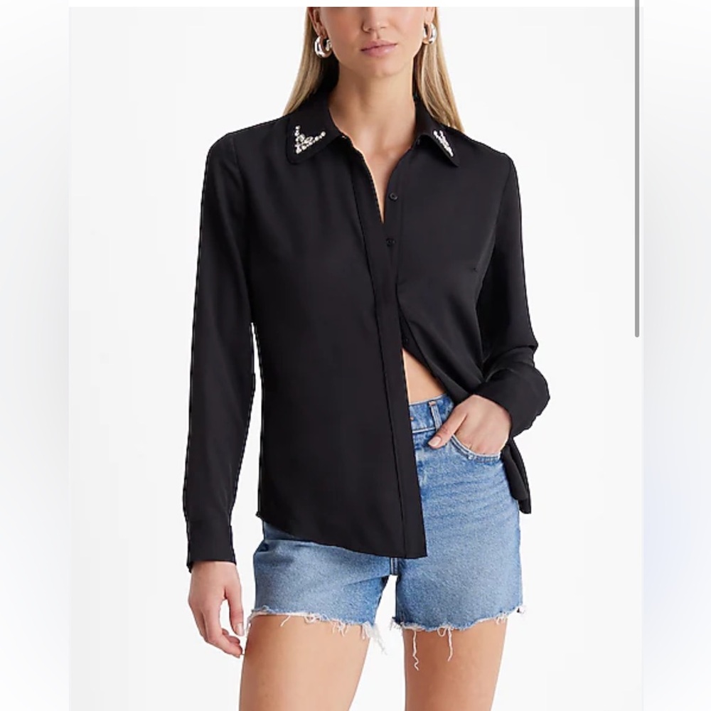 267 Express Black Portofino Shirt Small Embellished Button Up Top